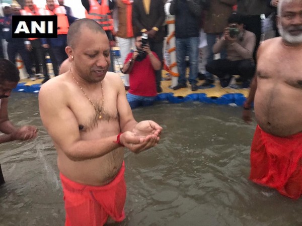 Uttar Pradesh Chief Minister Yogi Adityanath took a holy dip at Sangam in Prayagraj, Uttar Pradesh, on Thursday. Photo/ANI 