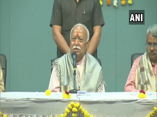 RSS Chief Mohan Bhagwat addressing a gathering in Gujarat on Saturday. Photo/ANI