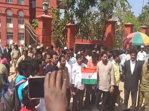    The three Kashmiri students were produced before a local court amid protest by some lawyers & activists of Hindu organisations on Monday in Hubli. Photo/ANI