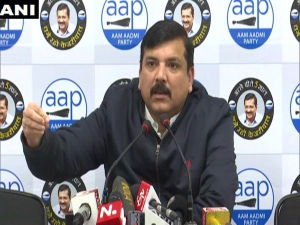 AAP leader Sanjay Singh addressing a press conference in New Delhi on Sunday. Photo/ANI