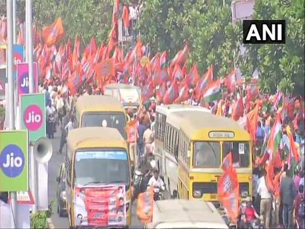 MNS workers take out massive rally in Mumbai on Sunday. [Photo/ANI]