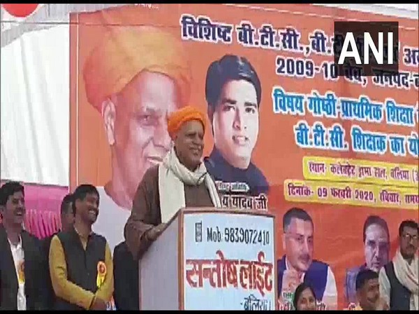 BJP MP Virendra Singh Mast speaking at a public meeting in Ballia on Sunday. Photo/ANI
