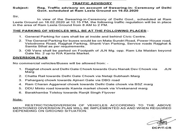 The Delhi Traffic Police issued an advisory a day ahead of the swearing-in ceremony of Chief Minister-designate Arvind Kejriwal at Ramlila Maidan.