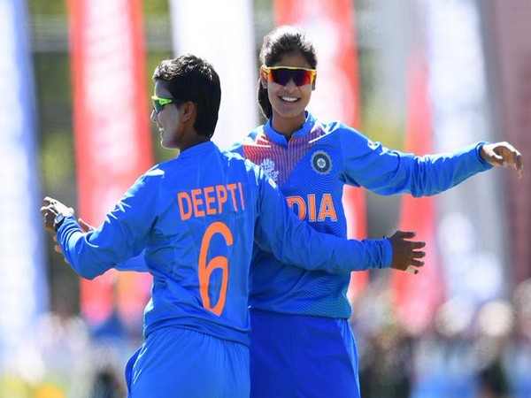 Indian spinner Radha Yadav celebrates with Deepti Sharma after dismissing Sri Lankan batter (Photo/ T20 World Cup Twitter)