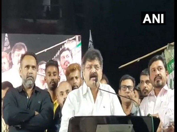 Maharashtra Minister and NCP leader Jitendra Awhad addressing a public meeting on Monday. Photo/ANI