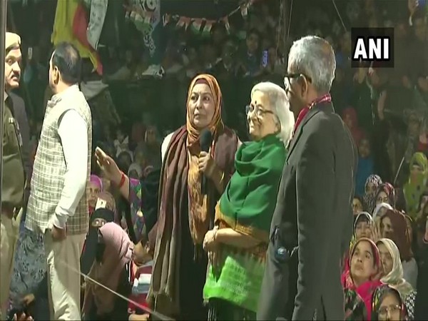 : The Supreme Court-appointed interlocutors Sanjay Hedge and Sadhana Ramachandran speaking to protestors at Shaheen Bagh on Friday. Photo/ANI