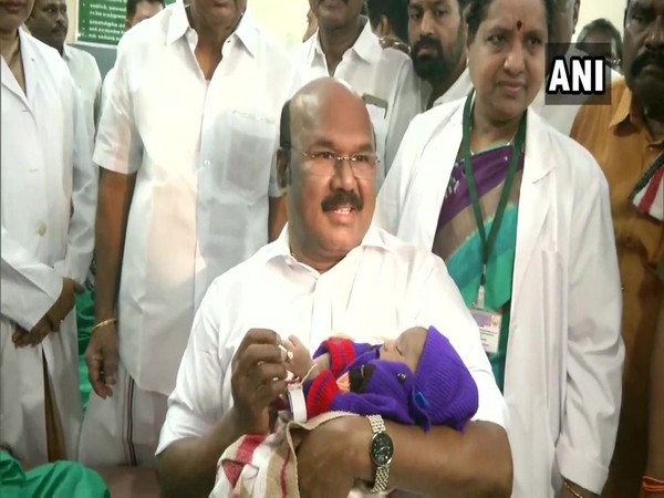 Tamil Nadu D Jayakumar gifted rings to newborns in Chennai on Jayalalithaa's birth anniversary on Monday. Photo/ANI