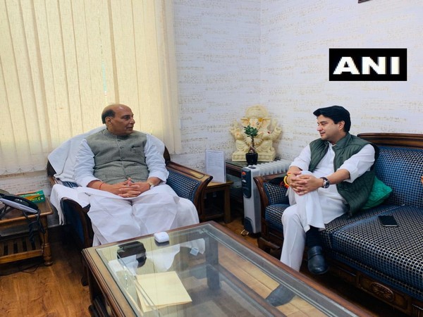 Jyotiraditya Scindia while meeting Defence Minister Rajnath on Thursday morning Photo/ANI