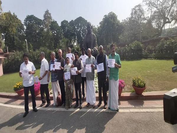 MPs from Left parties protest in front of Gandhi statue [Photo/ANI]