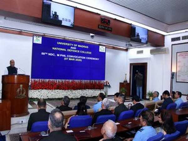 Defence Minister Rajnath Singh addressing at the convocation ceremony of National Defence College (NDC) in New Delhi (Photo tweeted by Principal Spokesperson, Ministry of Defence)