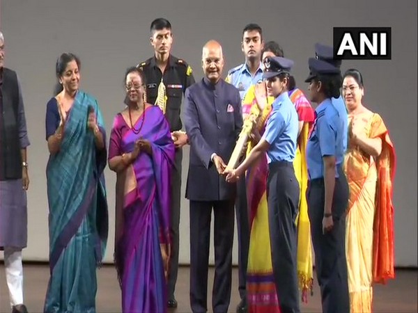 President Ram Nath Kovind presented 'Nari Shakti Puruskar' to IAF's first women fighter pilots Mohana Jitarwal, Avani Chaturvedi and Bhawana Kanth. Photo/ANI