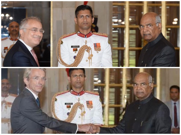 Ambassador of the European Union, Ugo Astuto (top) and Ambassador of France, Emannuel Lenain (bottom) with President Ram Nath Kovind at Rashtrapati Bhavan