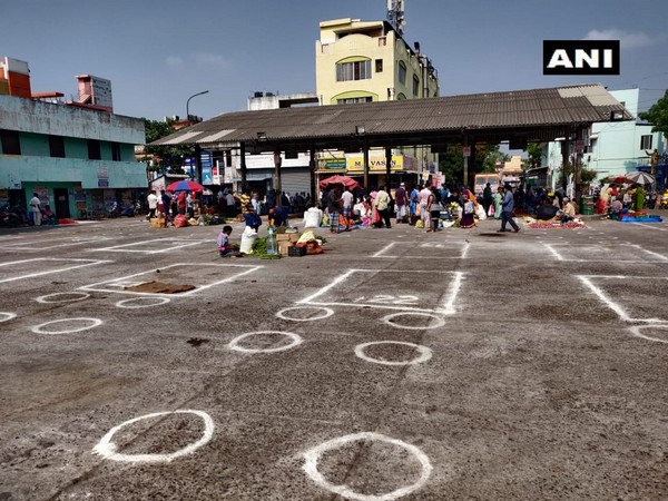 Villivakkam vegetable market in Chennai has been shifted temporarily to the Villivakkam Bus Station to ensure social distancing among sellers and customers. Photo/ANI