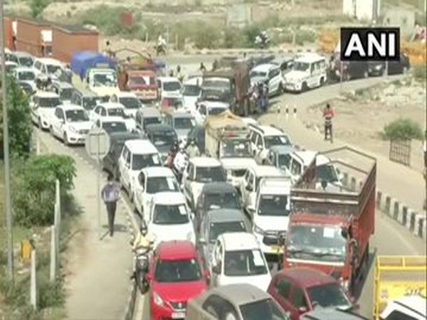 Long queues of vehicles at Delhi-Ghaziabad border on Tuesday (Photo/ANI)