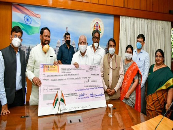 Karnataka Transport Minister Laxman Savadi handed over the cheque to Chief Minister BS Yediyurappa in Bengaluru on Wednesday