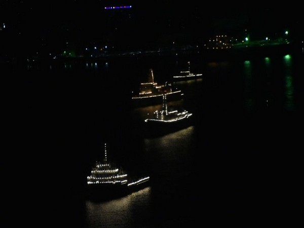Four ships of Southern Naval Command (SNC) in Kochi were illuminated at anchorage in Ernakulam channel on Saturday (Photo/ANI)