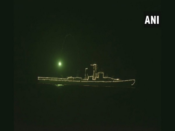 Visual of Eastern Naval Command firing flares in the air from two Indian Navy ships in Visakhapatnam as part of rehearsals. 