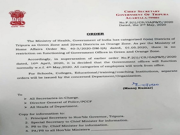 Order issued by Tripura Chief Secretary (Photo/ANI)