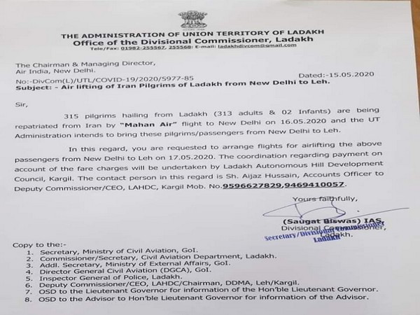 Letter written by Divisional Commissioner, Ladakh to Air India 