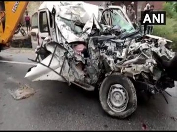 The badly mangled remains of the car after the accident in Pratapgarh. [Photo/ANI]