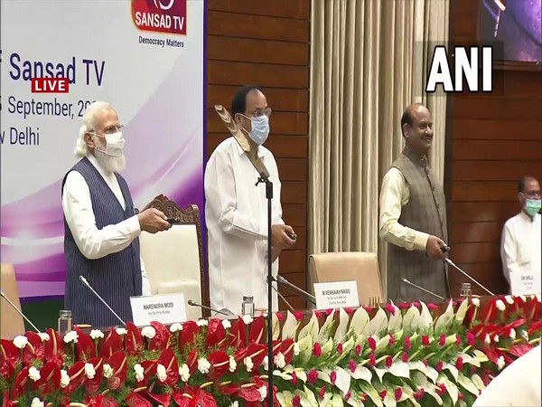 Vice President and Rajya Sabha chairman M Venkaiah Naidu, Prime Minister Narendra Modi and Lok Sabha Speaker Om Birla jointly launch Sansad TV (Photo/ANI)