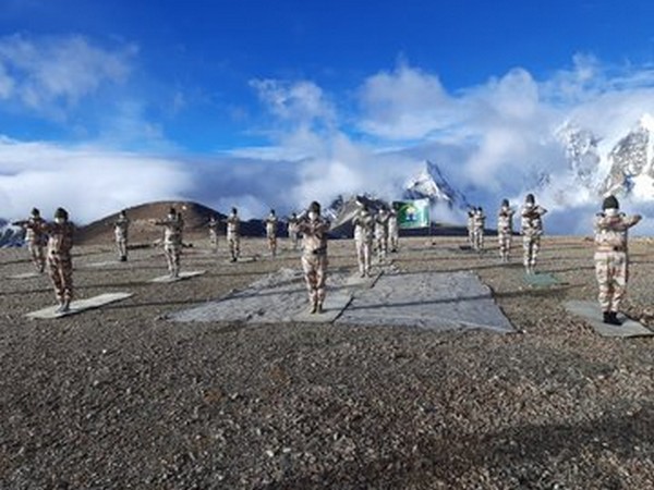  ITBP personnel perform yoga at an altitude of 18,800 feet in North Sikkim on International Yoga Day [Photo/ANI]