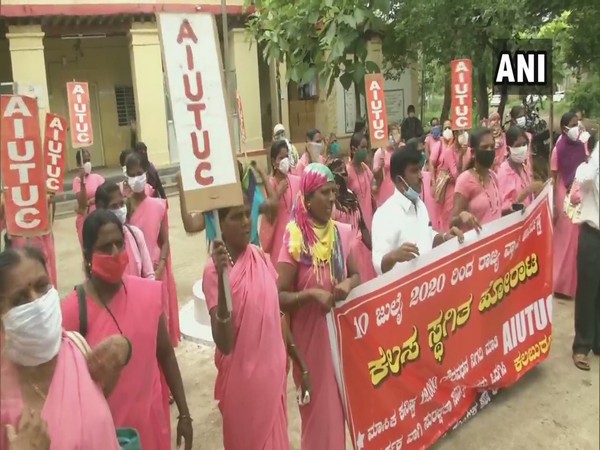 ASHA workers in Kalaburagi in Karnataka staged protest demanding adequate PPE kits and salary of Rs 12,000. (Photo/ANI)