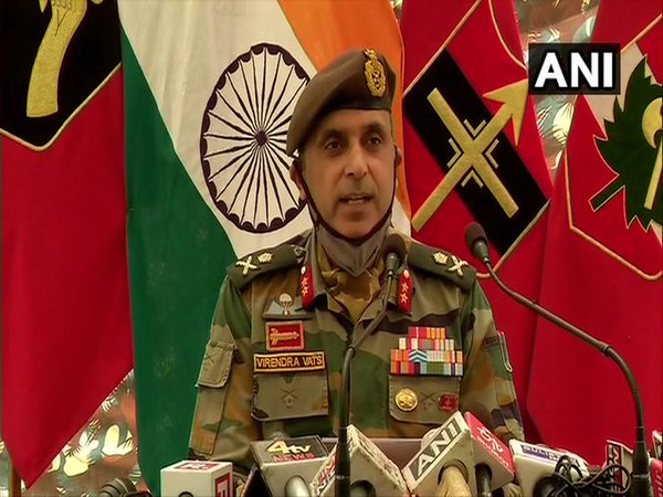 Major General Virendra Vats, GOC 19 Infantry Division, Baramullah, addressing a press conference on Saturday.