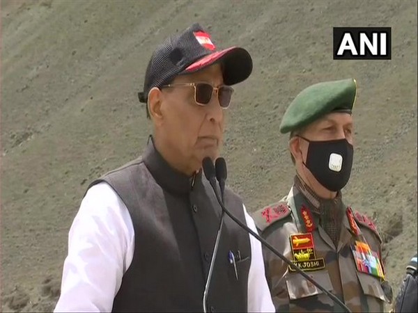 Defence Minister Rajnath Singh while interacting with troops at Lukung in Ladakh (Photo/ANI)