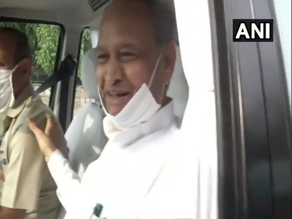 Rajasthan Chief Minister Ashok Gehlot leaving Hotel Fairmont in Jaipur after meeting Congress MLAs lodged there (Photo/ANI)