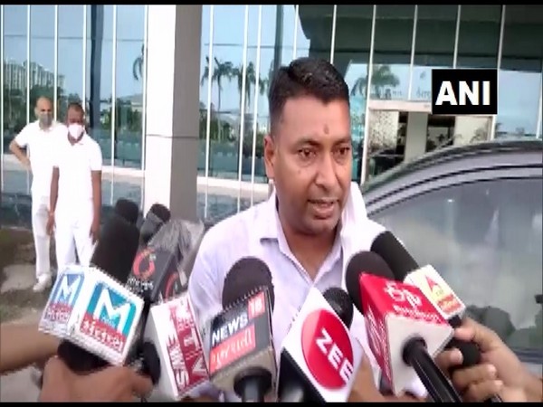 BJP MLA from Rajasthan Nirmal Kumawat speaking to reporters in Porbandar on Saturday. [Photo/ANI]