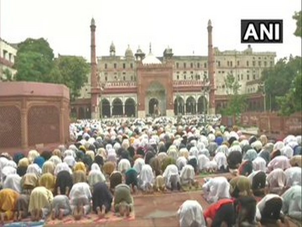 Devotees offering prayers at Delhi's Fatehpuri Masjid on the occasion of Eid Al-Adha on Saturday (Photo/ANI)