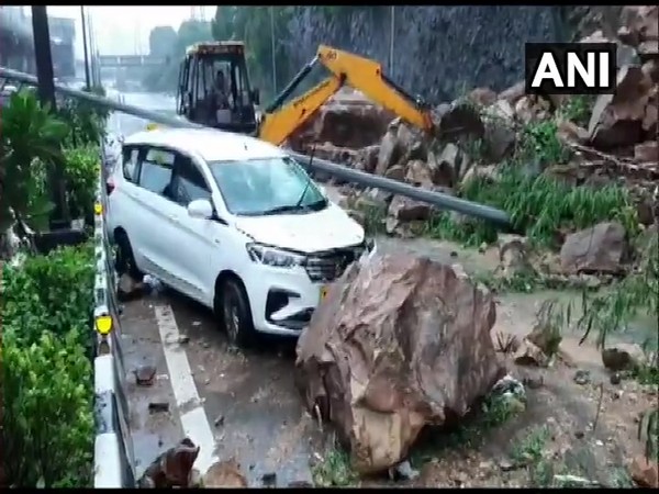 The Western Express Highway was blocked in Mumbai's Malad area due to landslides, following heavy rainfall the night before. 