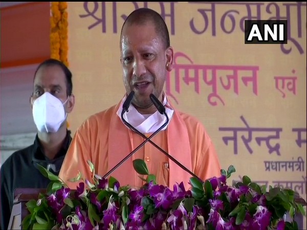 Uttar Pradesh Chief Minister Yogi Adityanath speaking after the bhoomi pujan concluded for Ram temple construction in Ayodhya on Wednesday. (Photo/ANI)