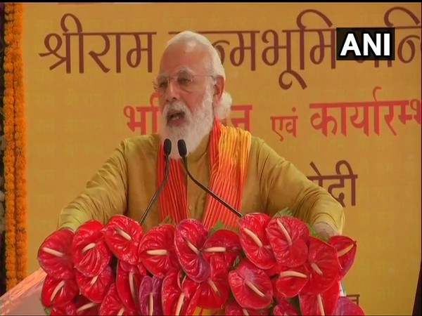 Prime Minister Narendra Modi speaking at the Ram Janmabhoomi on Wednesday in Ayodhya. (Photo/ANI)