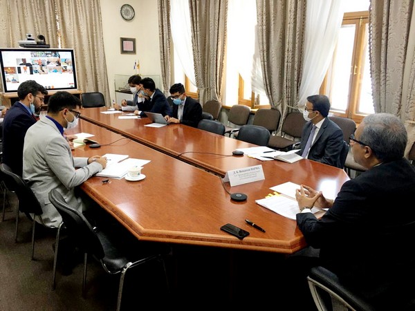 Russian Deputy Minister Industry and Trade Oleg Ryazantsev holding a virtual meeting with Minister of State Mansukh Mandaviya. (Photo credit: India in Russia twitter)
