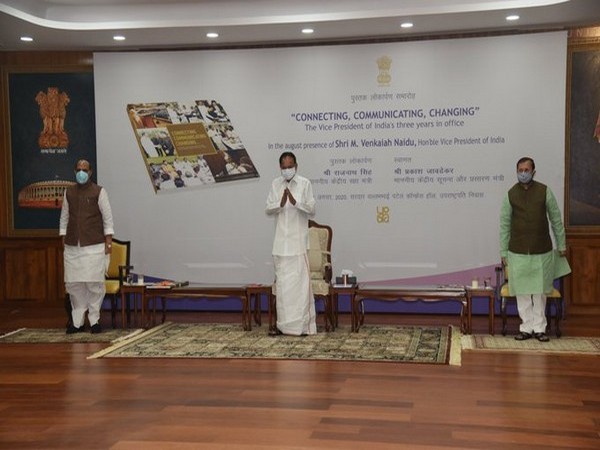 [From L to R] Union Minister Rajnath Singh with V-P Venkaiah Naidu and Union Minister Prakash Javedkar at a book launch in Upa-Rashtrapati Nivas in Delhi [Photo/ANI]