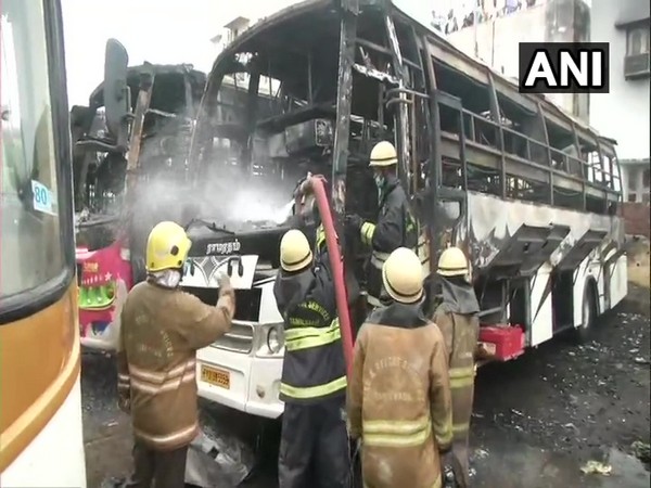 Three buses that were parked at Koyambedu Omni bus stand in Chennai were gutted in fire (Photo/ANI)