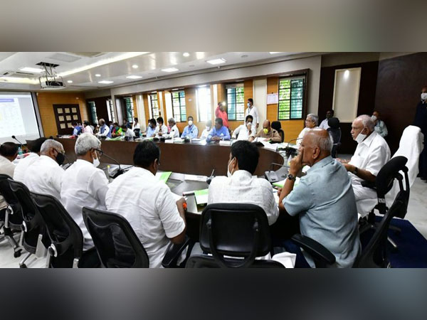 Karnataka Chief Minister BS Yediyurappa held a meeting with Karnataka District in-charge Ministers of Bagalkot, Vijaypura and Gadag districts (Photo/ANI)
