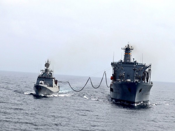 INS Talwar on Monday undertook refuelling with US Navy tanker USNS Yukon in northern Arabian Sea under LEMOA. (Photo credit: Indian Navy Twitter)