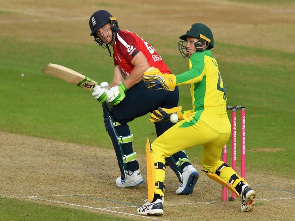 England's Jos Buttler playing a shot during the second T20I against Australia. (Photo/ ICC Twitter)