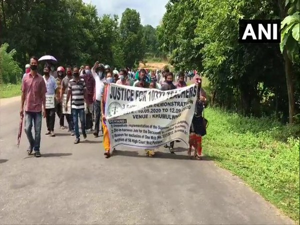 Jobless teachers staged demonstration in Tripura's Khumulwng demanding alternative jobs, on Thursday (Photo/ANI)
