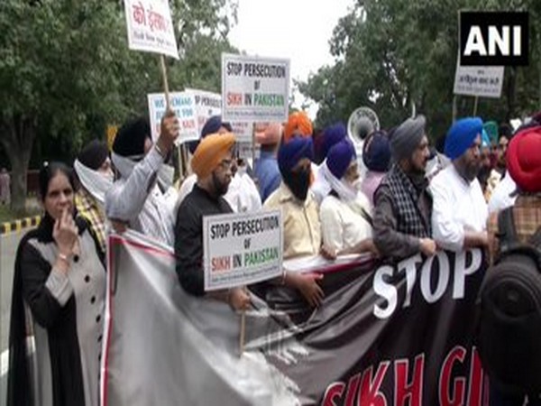 Delhi: Sikhs stage protest outside Pakistan embassy over forced conversions (Photo/ANI)