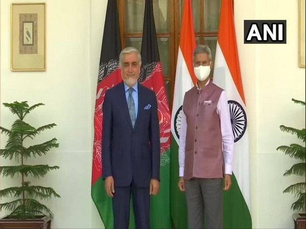 Abdullah Abdullah, chief negotiator in the intra-Afghan peace dialogue with Taliban, with External Affairs Minister S Jaishankar on Friday at the Hyderabad House. Photo/ANI