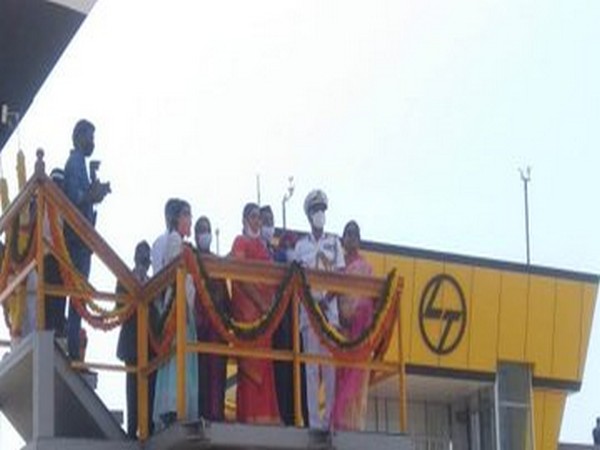 Launch of OPV Vigraha on Tuesday, with Mrs Hema Somanathan and Director General K Natarajan (Photo Credits: Indian Coast Guard Twitter)