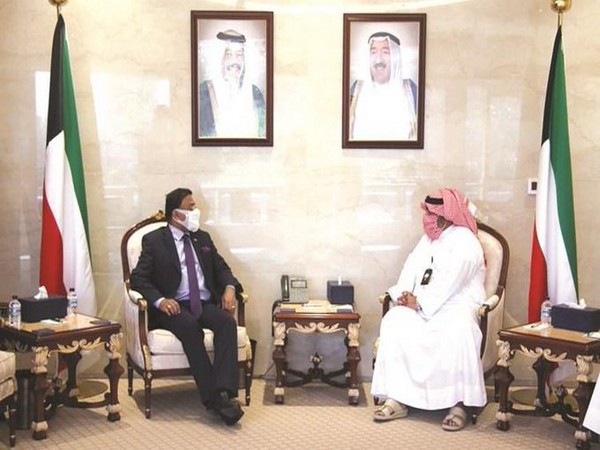 Indian Ambassador Amb Sibi George with President of National Security Bureau, Kuwait, Sheikh Thamer Al-Ali Al-Sabah on Wednesday. (Photo Credits: India in Kuwait Twitter)