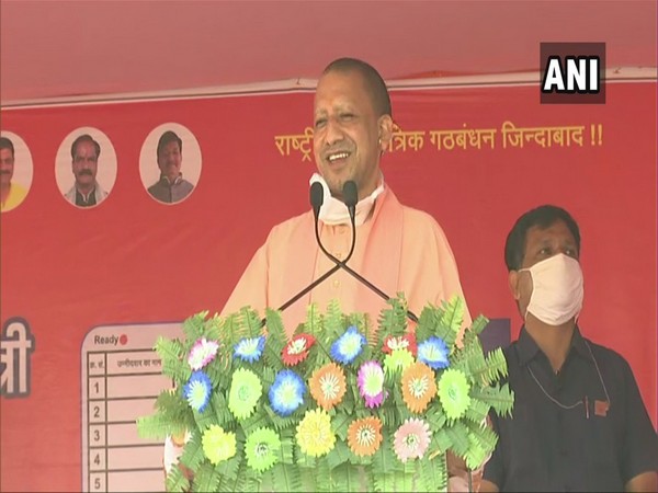 UP CM Yogi Adityanath addressing a rally in Simri Bakhtiyar, Saharsa. (Photo/ANI)