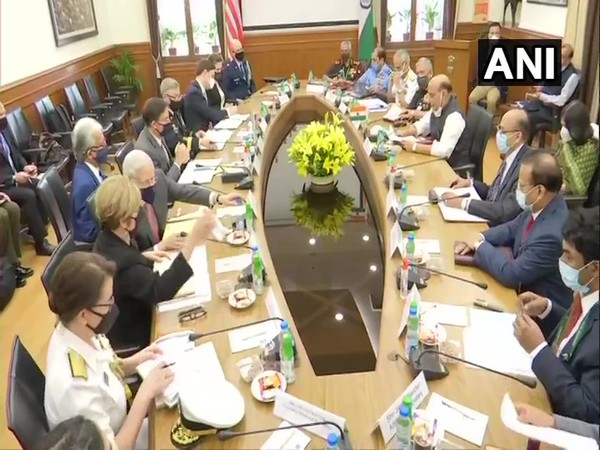 Defence Minister Rajnath Singh-led delegation holding meeting with US Secretary of Defence Mark Esper on Monday. Photo/ANI