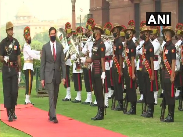 US Secretary of Defence Mark Esper, who is in India to participate in the third India-US 2+2 Ministerial Dialogue, was accorded Guard of Honour at the South Block on Monday. (Photo/ANI)