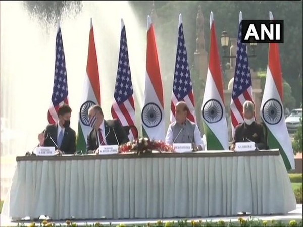 From Left to Right: US Secretary of Defense Mark Esper, US Secretary of State Michael Pompeo, Indian Defence Minister Rajnath Singh and External Affairs Minister S Jaishankar (Photo/ANI)